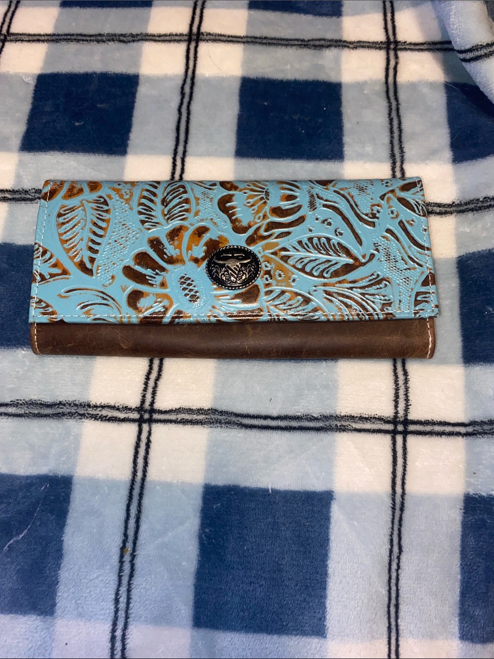 Floral Tooled Leather Trifold Wallet in Turquoise and Brown